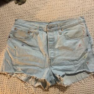 Levi's Light Blue 501 Jean Shorts with Embroidered flowers
